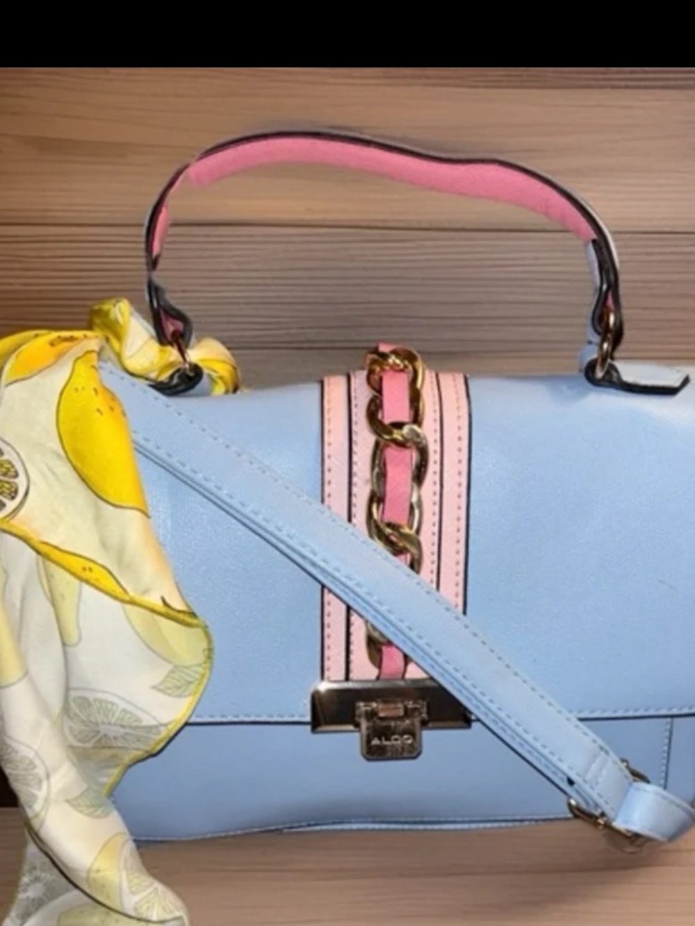 Aldo Glenda light blue and pink colorblock satchel,